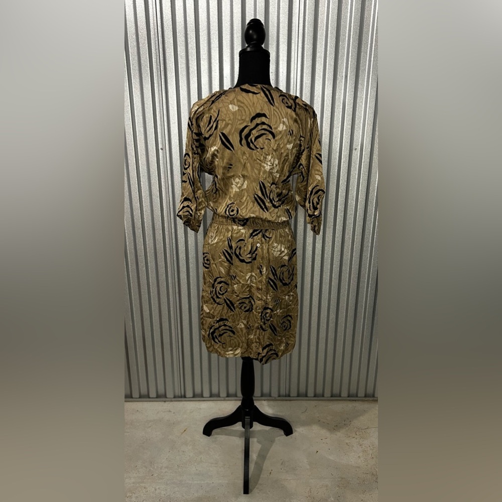 Womens Vintage 80s Nicole Miller Brown Silk Floral Long Sleeve MIDI Dress Size 8 - Picture 2 of 8